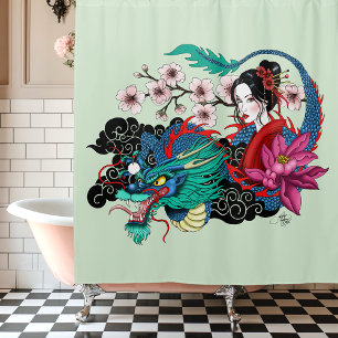 Asian Geisha Dragon Cherry Blossoms Blue