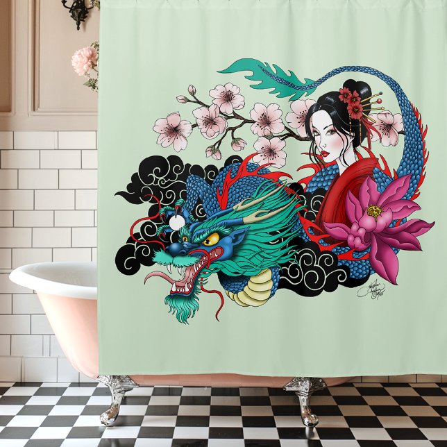 Asian Geisha Dragon Cherry Blossoms Blue (Creator Uploaded)