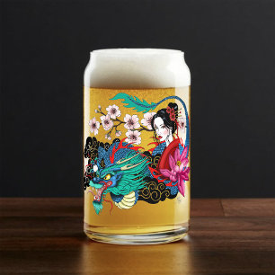 Asian Geisha Dragon Cherry Blossoms Blue Can Glass