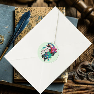 Asian Geisha Dragon Cherry Blossoms Blue Classic Round Sticker