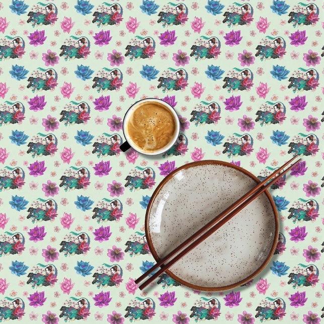 Asian Geisha Dragon Cherry Blossoms Blue Tablecloth (Creator Uploaded)