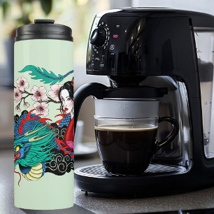 Asian Geisha Dragon Cherry Blossoms Blue Thermal Tumbler