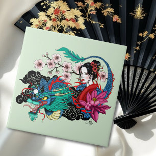 Asian Geisha Dragon Cherry Blossoms Blue Tile