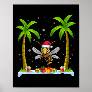 Asian Giant Hornet Santa Hat Palm Tree Beach Xmas Poster