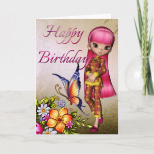 Asian Girl Beautiful Flowers Happy Birthday Card 2