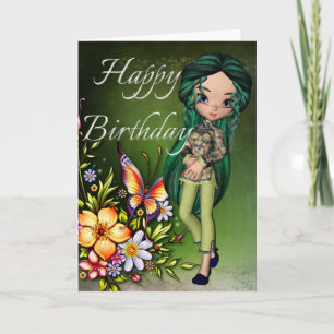 Asian Girl Beautiful Flowers Happy Birthday Card 5