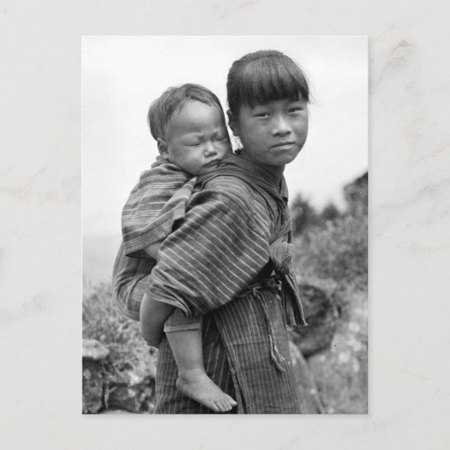 Asian girl carrying child on her back (1908) postcard (Front)