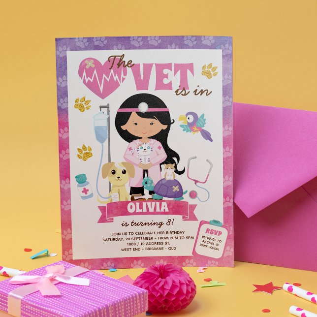 Asian Girl Vet Birthday Party Invitation (The cat is definitely out of the bag on this girl’s vet birthday invitation.)