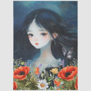 Asian Girl Wildflowers & Red Poppies Abstract Art Tissue Paper