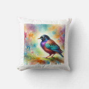 Asian glossy starling 050824AREF145 - Watercolor Throw Pillow