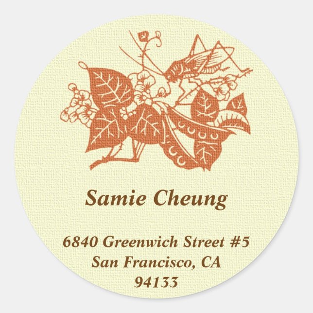Asian grasshopper custom circle address label (Front)