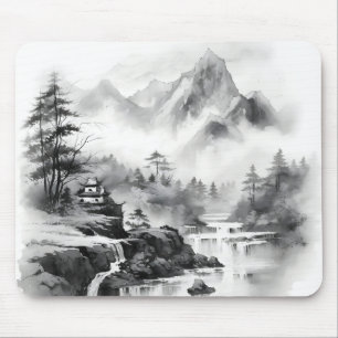 Asian House in Mountains Ink Painting Mouse Pad