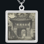 Asian Imperial Temple in Black & White Silver Plated Necklace<br><div class="desc">Visitors gather in front of this Asian imperial temple,  ready to enter. The stunning print is done in black and white,  giving the whole piece an ancient look that mimics the time it is depicting. Put this on your wall today and enjoy!</div>