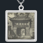 Asian Imperial Temple in Black & White Silver Plated Necklace<br><div class="desc">Visitors gather in front of this Asian imperial temple,  ready to enter. The stunning print is done in black and white,  giving the whole piece an ancient look that mimics the time it is depicting. Put this on your wall today and enjoy!</div>