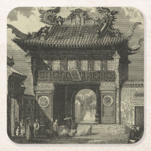 Asian Imperial Temple in Black & White Square Paper Coaster