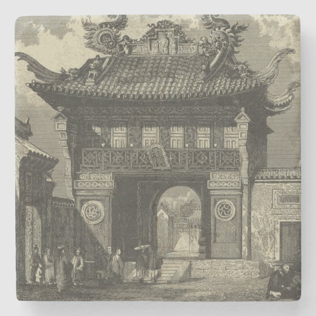 Asian Imperial Temple in Black & White Stone Coaster (Front)