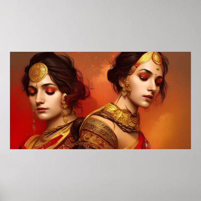 Asian Indian women 2 colourful red golden Poster (Front)