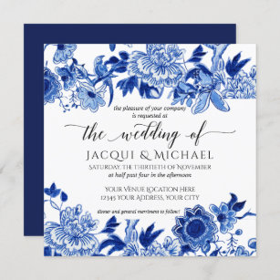 Asian Influence Blue White Floral Wedding Artwork Invitation