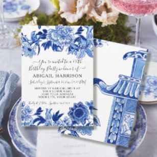 Asian Influence Chinoiserie Floral Birthday Party Invitation
