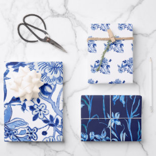 Asian Influence Chinoiserie Navy Blue White Floral Wrapping Paper Sheet