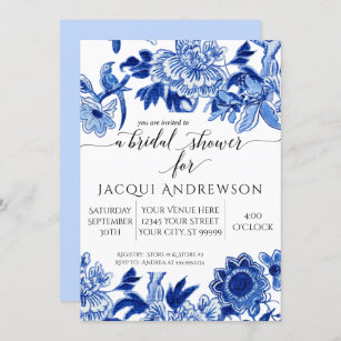 Asian Influence Light Blue Floral 3 Bridal Shower Invitation