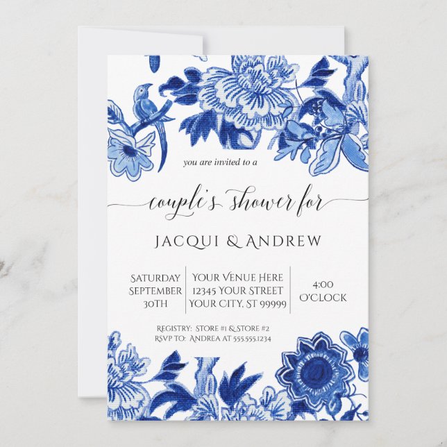 Asian Influence Light Blue Floral Couples Shower Invitation (Front)