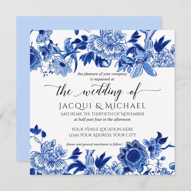 Asian Influence Light Blue Floral Wedding Artwork Invitation (Front/Back)