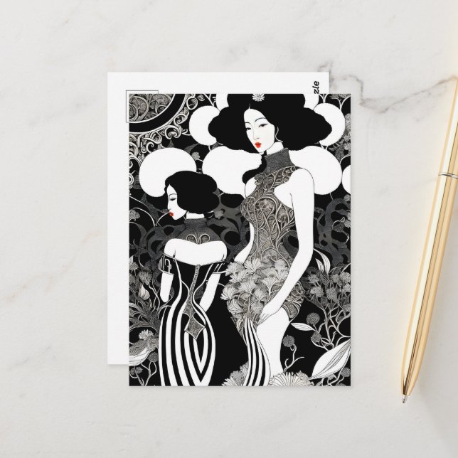 Asian ink woman art, Postcrossing Postcard (Front/Back In Situ)