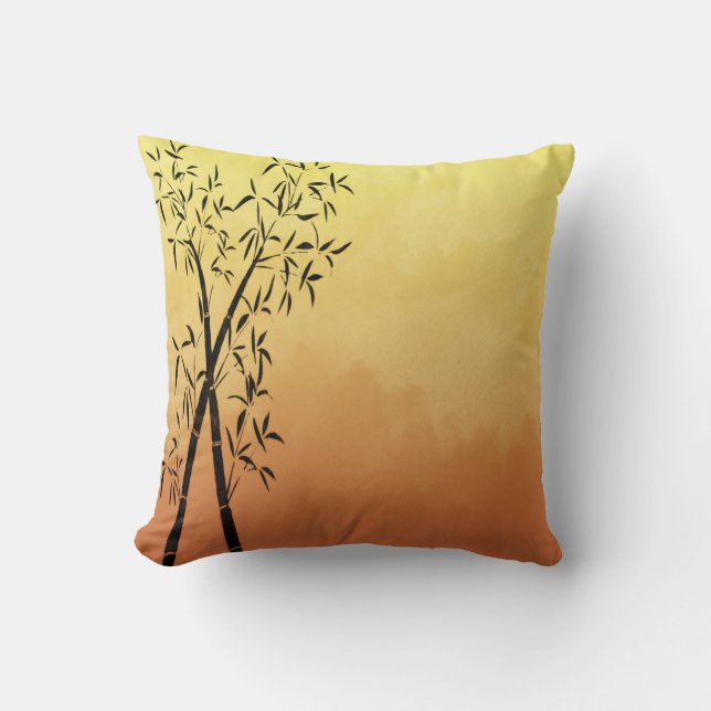 Asian Inspired Bamboo and mountain view Sunset Throw Pillow (Front)