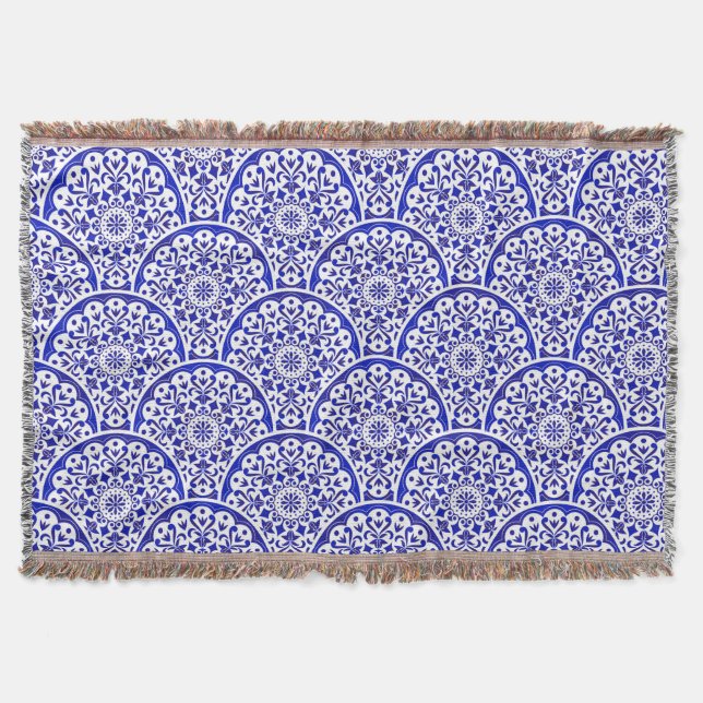 Asian Inspired Blue and White Pottery Chinoiserie Throw Blanket (Front)