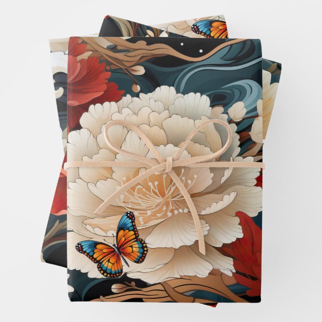 Asian Inspired Florals & Butterflies Gift Wrap (In situ)