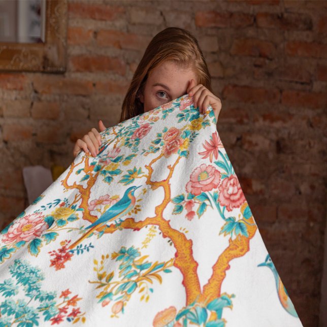 Asian-Inspired Patterns, Colourful Flowers Birds Fleece Blanket (Creator Uploaded)
