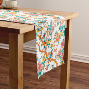 Asian-Inspired Patterns, Colourful Flowers Birds Short Table Runner