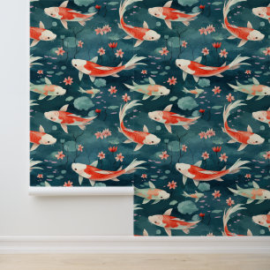 Asian Koi Fish Pond Lotus Flowers Floral Wallpaper