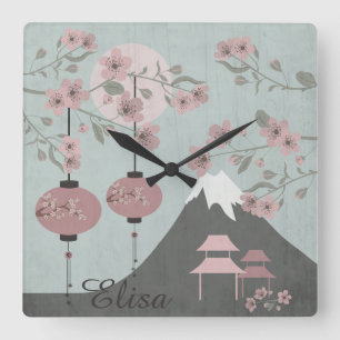 Asian landscape blossom mountain lanterns art square wall clock