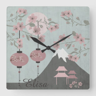 Asian landscape blossom mountain lanterns art square wall clock