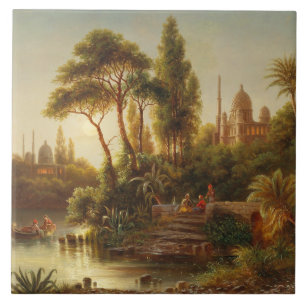 Asian Landscape in the Evening Light (Sunset Art) Tile