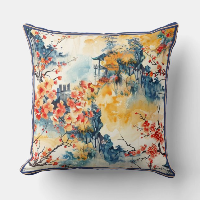 Asian Landscape with Pagoda Throw Pillow (Front)