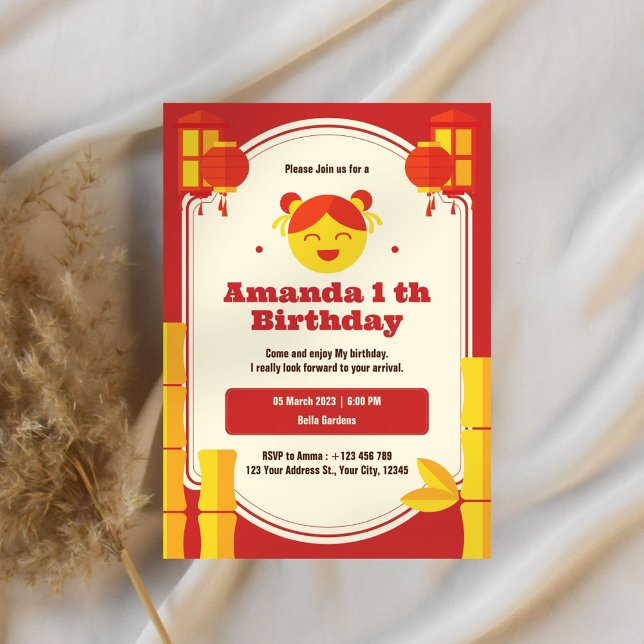 Asian Lantern 1st Birthday Invitation (Creator Uploaded)