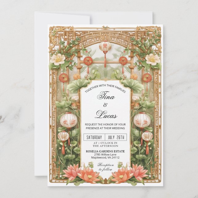 Asian Lotus and Lantern Wedding Ceremony Invitation (Front)