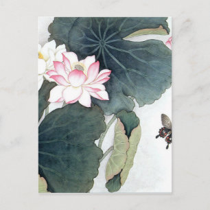 Asian Lotus Leaf Pink Flower Butterfly Art Cool Postcard