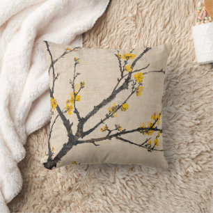 Asian Minimalist Yellow Blossom Branch Throw Pillow