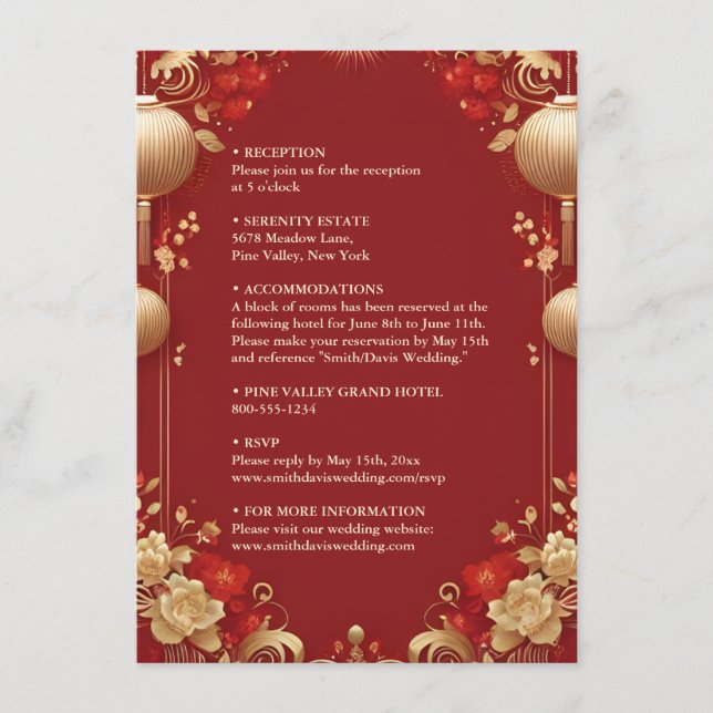 Asian Modern Floral Chinese Bilingual Wedding Enclosure Card (Front)