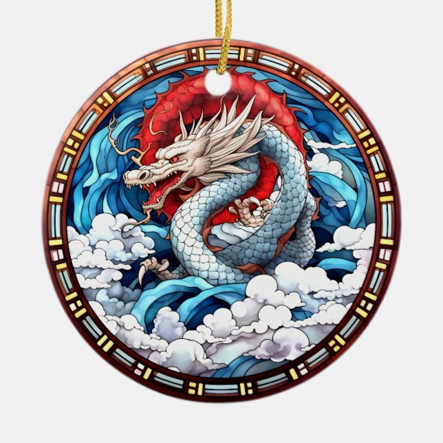 Asian Mythical Dragon in Red and Blue Ceramic Ornament (Front)