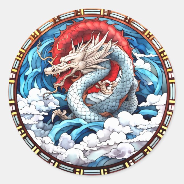 Asian Mythical Dragon in Red and Blue Classic Round Sticker (Front)