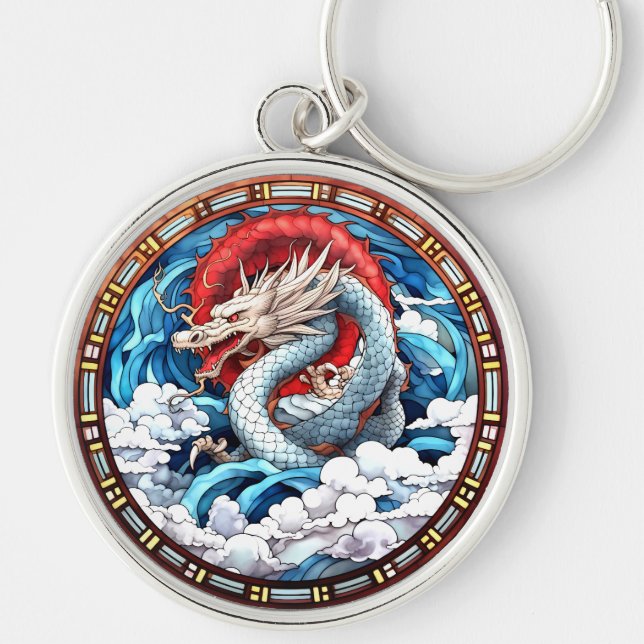 Asian Mythical Dragon in Red and Blue Keychain (Front)
