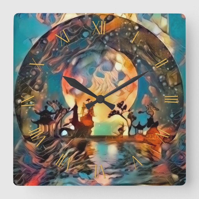 Asian night silhouettes in moon light square wall clock (Front)