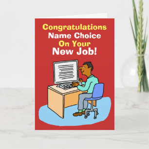 Asian Office Worker at Computer. New Job. Card