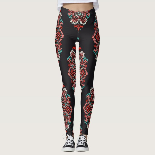 Asian paisley elements, boho vintage pattern. leggings (Front)
