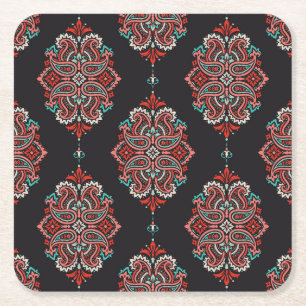 Asian paisley elements, boho vintage pattern. square paper coaster